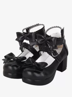 Sweet Lolita Sandals Bows Round Toe Bow PU Leather Black Lolita Summer Shoes