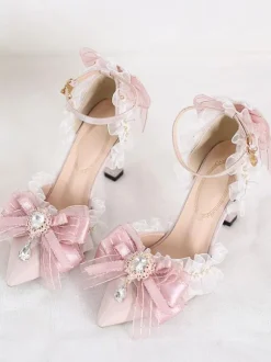 Sweet Lolita Sandals Bows Ruffles Rhinestones Pointed Toe Bow Elastic Fabric Pink Lolita Summer Shoes