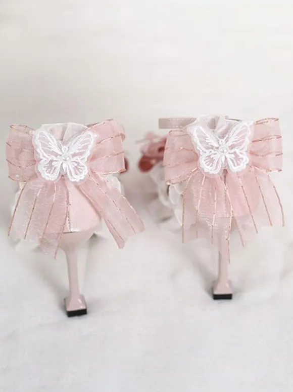 Sweet Lolita Sandals Bows Ruffles Rhinestones Pointed Toe Bow Elastic Fabric Pink Lolita Summer Shoes