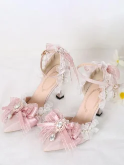 Sweet Lolita Sandals Bows Ruffles Rhinestones Pointed Toe Bow Elastic Fabric Pink Lolita Summer Shoes