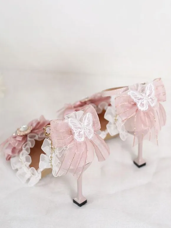 Sweet Lolita Sandals Bows Ruffles Rhinestones Pointed Toe Bow Elastic Fabric Pink Lolita Summer Shoes