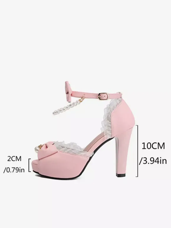 Sweet Lolita Sandals White Bows Pearls Color Block PU Leather Peep Toe Lolita Summer Shoes