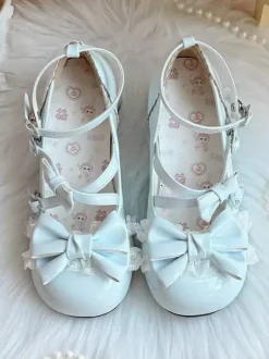 Sweet Lolita Shoes Ankle Straps Bows PU Leather Chunky Heel Lolita Pumps