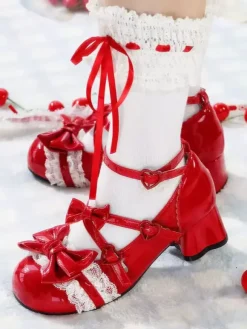 Sweet Lolita Shoes Ankle Straps Bows PU Leather Chunky Heel Lolita Pumps