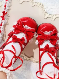Sweet Lolita Shoes Ankle Straps Bows PU Leather Chunky Heel Lolita Pumps
