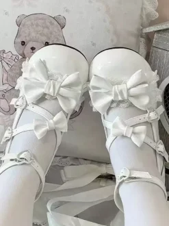 Sweet Lolita Shoes Ankle Straps Bows PU Leather Chunky Heel Lolita Pumps