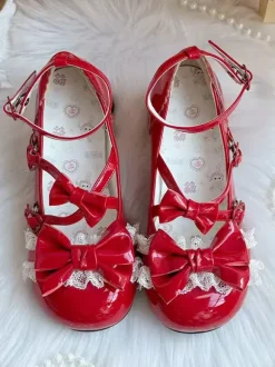 Sweet Lolita Shoes Ankle Straps Bows PU Leather Chunky Heel Lolita Pumps