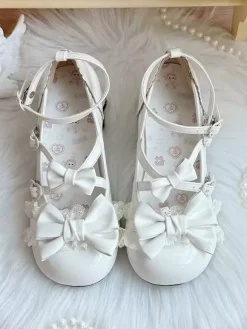 Sweet Lolita Shoes Ankle Straps Bows PU Leather Chunky Heel Lolita Pumps