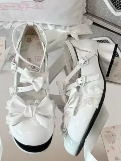 Sweet Lolita Shoes Ankle Straps Bows PU Leather Chunky Heel Lolita Pumps