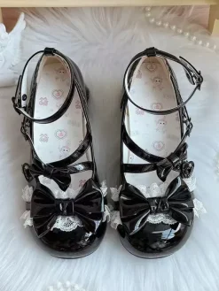 Sweet Lolita Shoes Ankle Straps Bows PU Leather Chunky Heel Lolita Pumps