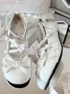 Sweet Lolita Shoes Ankle Straps Bows PU Leather Chunky Heel Lolita Pumps