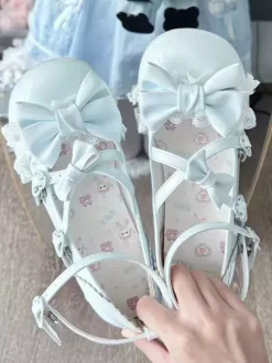 Sweet Lolita Shoes Ankle Straps Bows PU Leather Chunky Heel Lolita Pumps