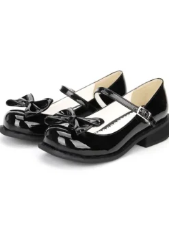 Sweet Lolita Shoes Black Bow Chunky Heel Round Toe Ankle Strap Mary Jane Shoes