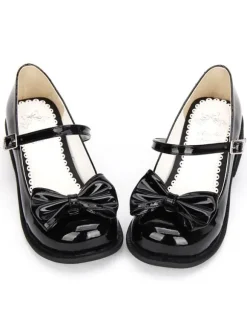 Sweet Lolita Shoes Black Bow Chunky Heel Round Toe Ankle Strap Mary Jane Shoes