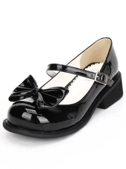 Sweet Lolita Shoes Black Bow Chunky Heel Round Toe Ankle Strap Mary Jane Shoes