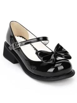 Sweet Lolita Shoes Black Bow Chunky Heel Round Toe Ankle Strap Mary Jane Shoes