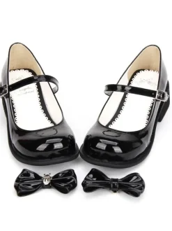 Sweet Lolita Shoes Black Bow Chunky Heel Round Toe Ankle Strap Mary Jane Shoes