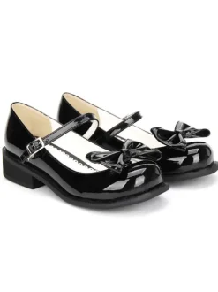 Sweet Lolita Shoes Black Bow Chunky Heel Round Toe Ankle Strap Mary Jane Shoes