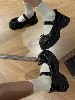 Sweet Lolita Shoes Black Bows Round Toe PU Leather Chunky Heel Lolita Pumps