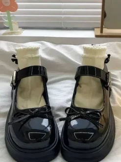 Sweet Lolita Shoes Black Bows Round Toe PU Leather Chunky Heel Lolita Pumps