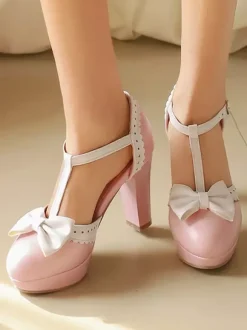 Sweet Lolita Shoes Black Bows Round Toe PU Leather Lolita Pumps