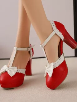 Sweet Lolita Shoes Black Bows Round Toe PU Leather Lolita Pumps