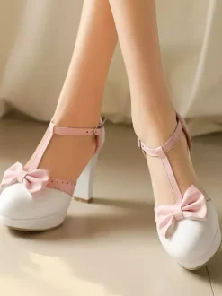 Sweet Lolita Shoes Black Bows Round Toe PU Leather Lolita Pumps