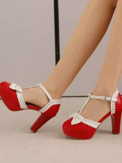 Sweet Lolita Shoes Black Bows Round Toe PU Leather Lolita Pumps