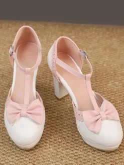 Sweet Lolita Shoes Black Bows Round Toe PU Leather Lolita Pumps