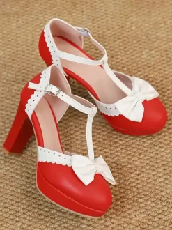 Sweet Lolita Shoes Black Bows Round Toe PU Leather Lolita Pumps
