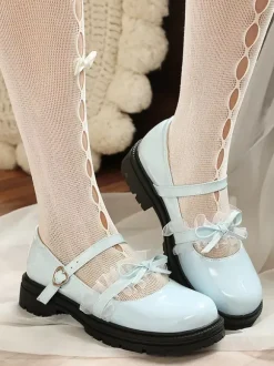 Sweet Lolita Shoes Blue Lace Bows Round Toe PU Leather Flat Lolita Pumps