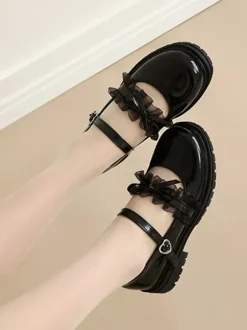 Sweet Lolita Shoes Blue Lace Bows Round Toe PU Leather Flat Lolita Pumps