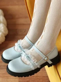 Sweet Lolita Shoes Blue Lace Bows Round Toe PU Leather Flat Lolita Pumps