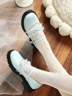 Sweet Lolita Shoes Blue Lace Bows Round Toe PU Leather Flat Lolita Pumps