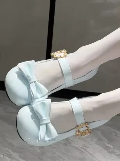 Sweet Lolita Shoes Bows Round Toe PU Leather Chunky Heel Lolita Pump