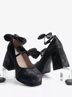 Sweet Lolita Shoes Dark Green Bows Micro Suede Upper Chunky Heel Lolita Pumps