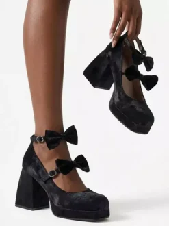 Sweet Lolita Shoes Dark Green Bows Micro Suede Upper Chunky Heel Lolita Pumps