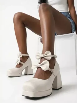 Sweet Lolita Shoes Dark Green Bows Micro Suede Upper Chunky Heel Lolita Pumps