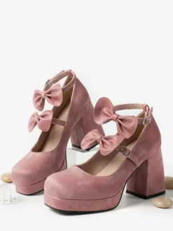 Sweet Lolita Shoes Dark Green Bows Micro Suede Upper Chunky Heel Lolita Pumps