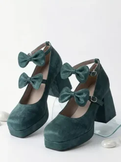 Sweet Lolita Shoes Dark Green Bows Micro Suede Upper Chunky Heel Lolita Pumps