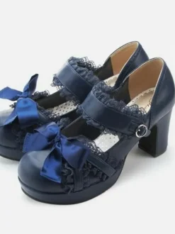 Sweet Lolita Shoes Dark Navy Lace Square Toe Bows Chunky Heel Lolita Pump Shoes