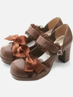Sweet Lolita Shoes Dark Navy Lace Square Toe Bows Chunky Heel Lolita Pump Shoes