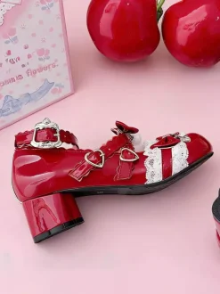 Sweet Lolita Shoes Lace Pink Bows Round Toe PU Leather Chunky Heel Lolita Pumps