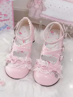 Sweet Lolita Shoes Lace Pink Bows Round Toe PU Leather Chunky Heel Lolita Pumps