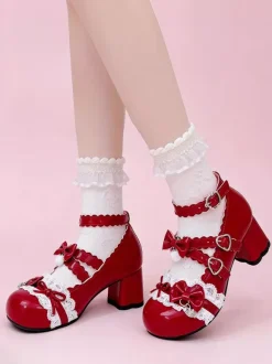 Sweet Lolita Shoes Lace Pink Bows Round Toe PU Leather Chunky Heel Lolita Pumps