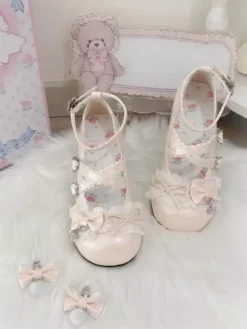 Sweet Lolita Shoes Lace Pink Bows Round Toe PU Leather Chunky Heel Lolita Pumps