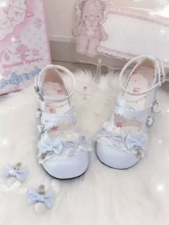Sweet Lolita Shoes Lace Pink Bows Round Toe PU Leather Chunky Heel Lolita Pumps