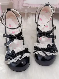 Sweet Lolita Shoes Lace Pink Bows Round Toe PU Leather Chunky Heel Lolita Pumps