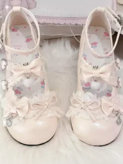 Sweet Lolita Shoes Lace Pink Bows Round Toe PU Leather Chunky Heel Lolita Pumps