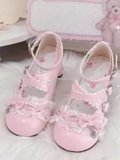 Sweet Lolita Shoes Lace Pink Bows Round Toe PU Leather Chunky Heel Lolita Pumps